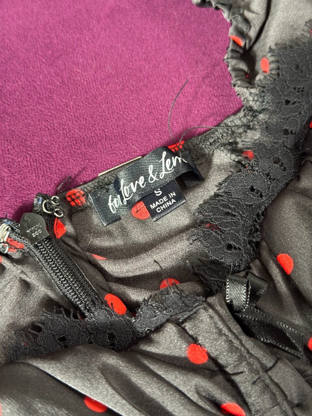 For Love & Lemons Black Satin Polka Dot Chemise with Red Dots - Picture 2 of 3